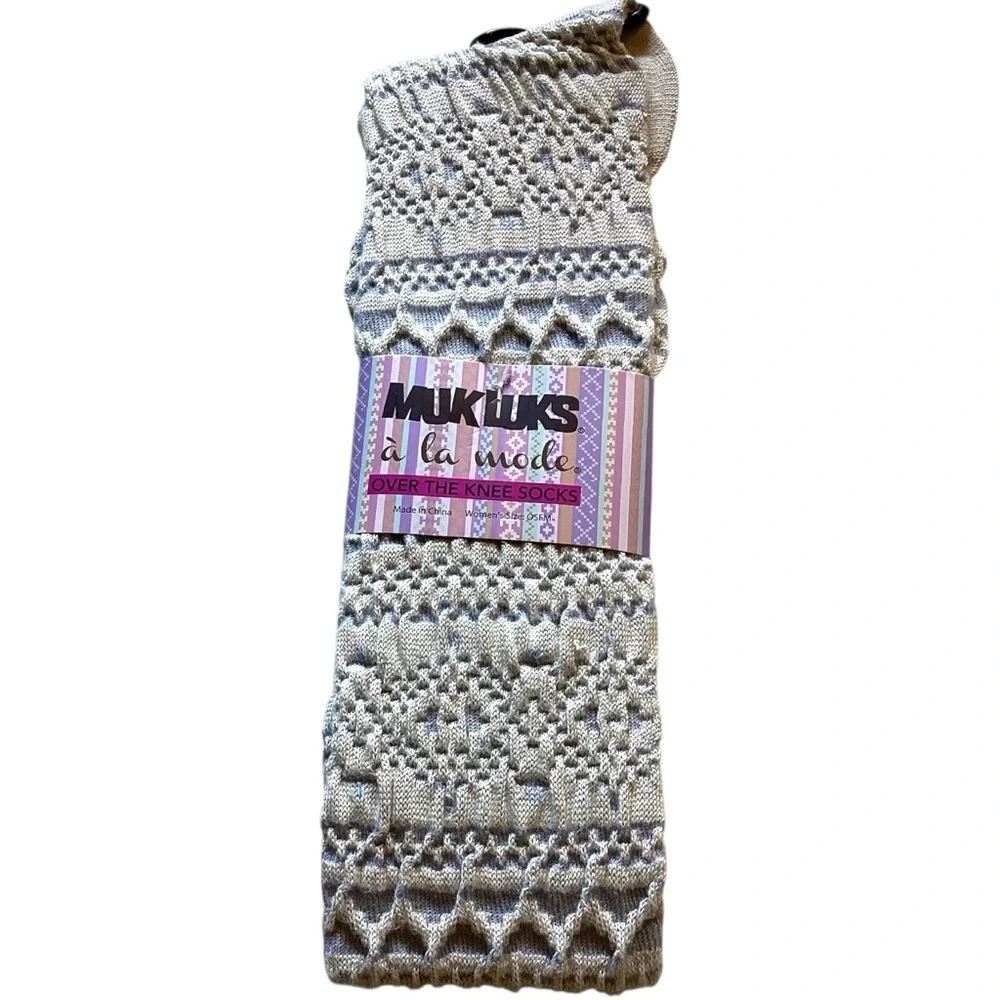 MUK LUKS Over the Knee Socks, Pale Blue & Ivory Design NEW OSFM